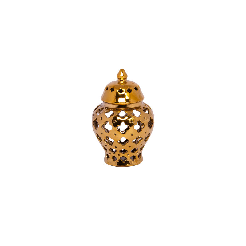 Ceramic Urn Vase with Cutout Quatrefoil Design Body and Tapered Bottom SM Polished Chrome Finish Gold..6.00"x6.00"x9.50"H