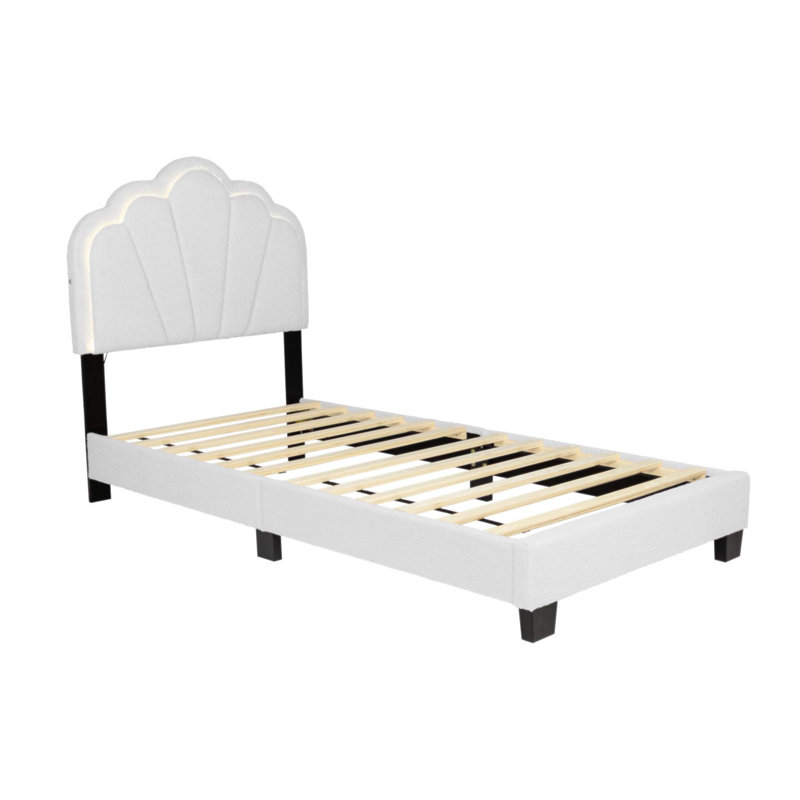 Luxueux lit plateforme en tissu de laine avec tête de lit à DEL et motif floral, parfait pour les chambres modernes et élégantes