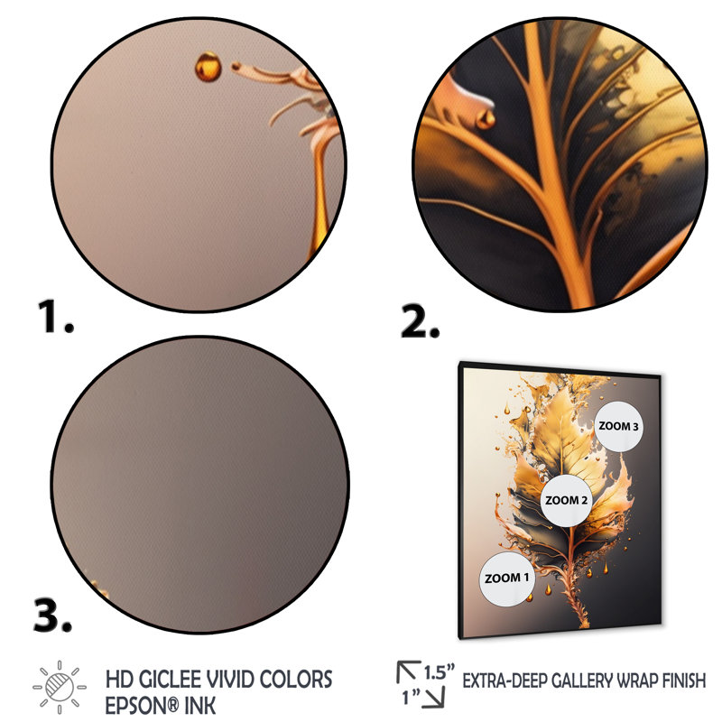 «Liza Gold Abstract Leaves II», art mural sur toile floral et botanique, H 20 po x l 12 po x P 1 po