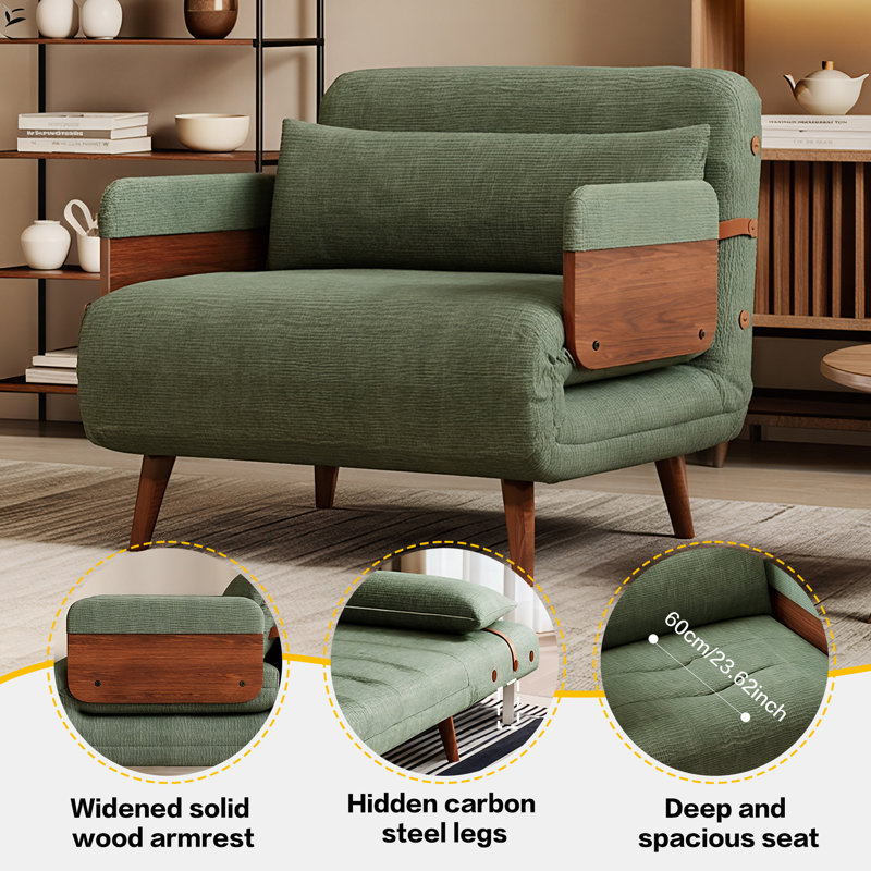 Single Sofa Bed with Adjustable Headrest, Green Velvet Upholstery and Solid Wood Base Fast Dispatch From UK Warehouse – Dispatched Within 2 Days