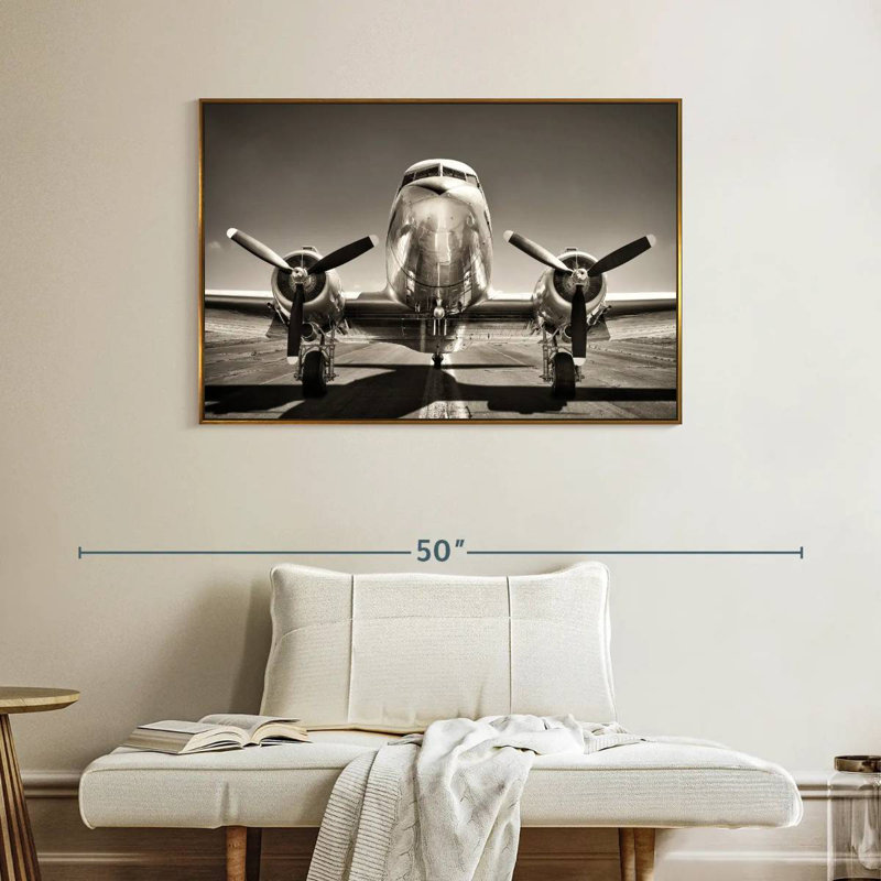 Avion rétro noir et blanc, Cadre flottant doré, 40 po x 27 po
