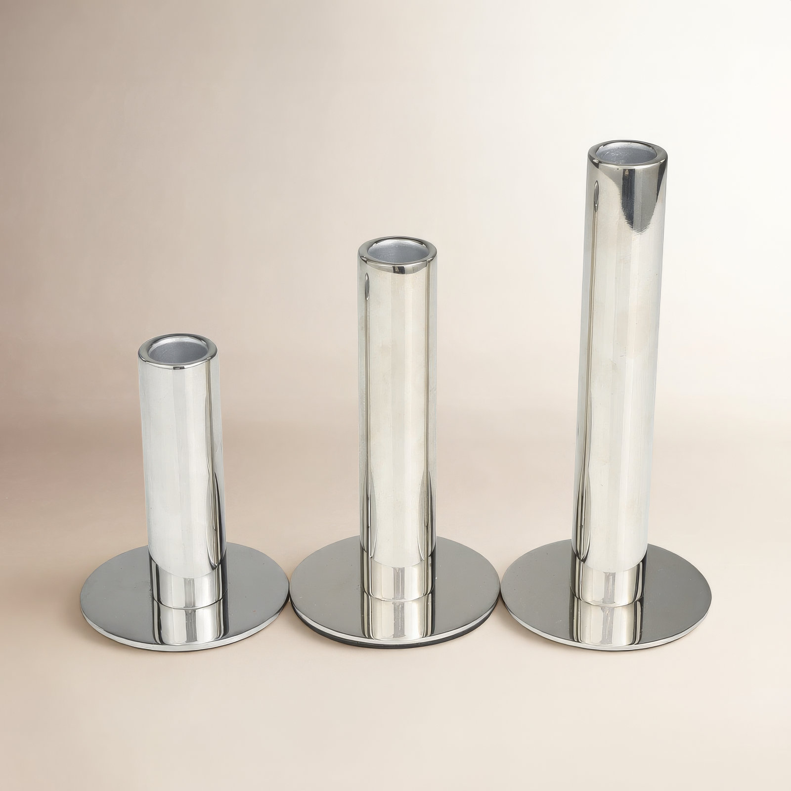 Kage 3-Piece Stainless Steel Candlestick Set, Polished Silver