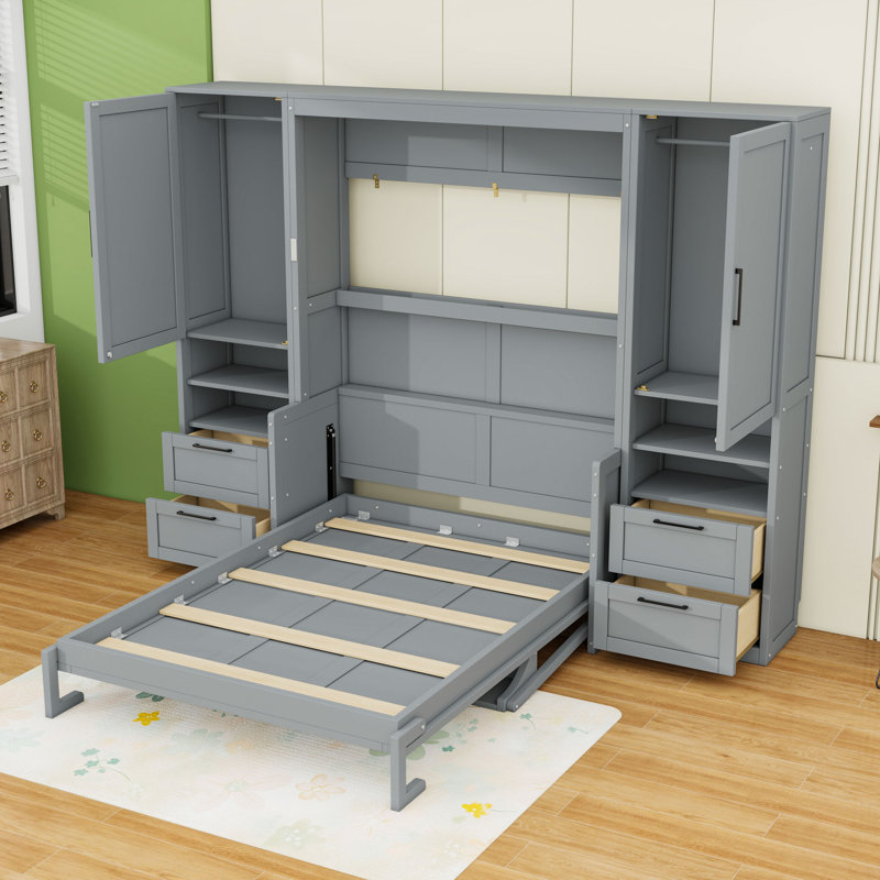 Lit escamotable double en bois avec placard, tiroirs et tablettes, gris