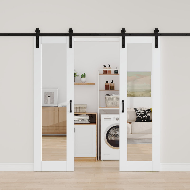 Portes de salle de bain en bois massif à double miroir avec porte de grange complète, 36 po x 80 po, Standard