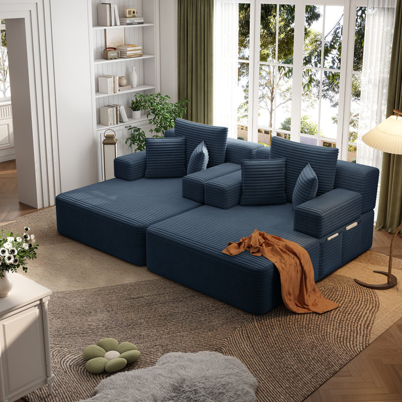 Canapé-lit luxueux en velours côtelé avec 6 coussins et pochette de rangement, Velours côtelé bleu
