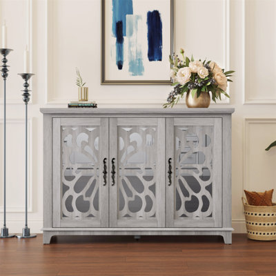 Buffet de comptoir 49,33 po x 15,55 po avec 3 portes en miroir, armoire de rangement, salon, chambre à coucher, salle à manger, cuisine, couloir