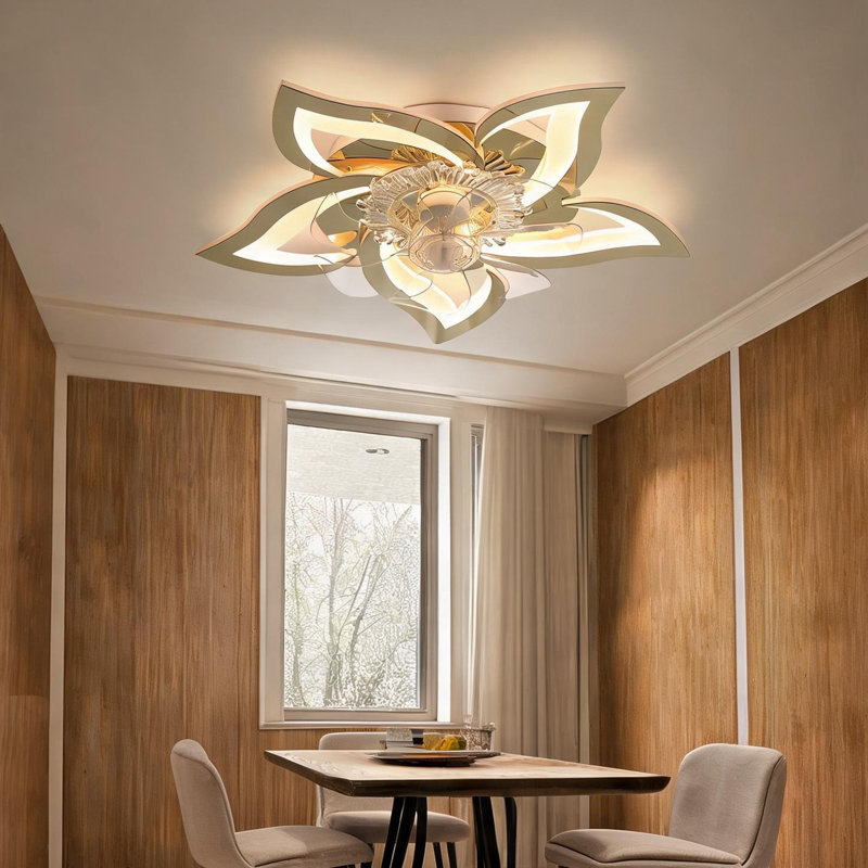 Ventilateur de plafond 27 pouces avec lumière, style nordique moderne, pales en acrylique, finition or champagne, montage encastré, température à 3 couleurs DEL télécommandée