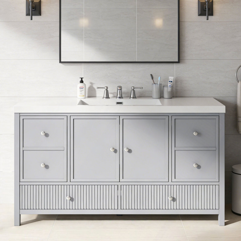 Meuble-lavabo 60 po avec lavabo séparé, grand meuble-lavabo moderne avec portes à fermeture douce et 4 tiroirs, Bleu gris
