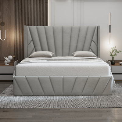 Upholstered High Headboard Storage Bed w/Hydraulic Gas Lift, Wood Slat System & Under Bed Storage