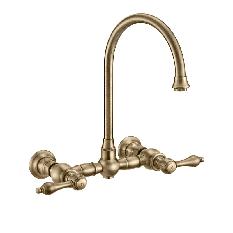 Whitehaus Collection Wall Mount Faucet with Gooseneck Swivel Spout and Solid Brass Side Spray, Antique Brass, Lever Handles