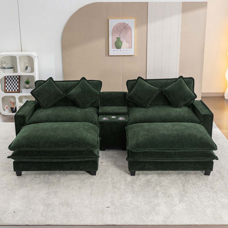 Canapé en chenille avec deux repose-pieds amovibles, deux ports USB, deux porte-gobelets et une grande boîte de rangement