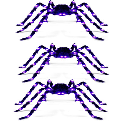 3Pack Halloween Outdoor Decorations Light-Up Giant Spider, 79 inch Large Black Hairy Spider with Purple LED for Yard Lawn Garden Outdoor Halloween Decorations, Indoor Haunted House Prop Scary Party Decor