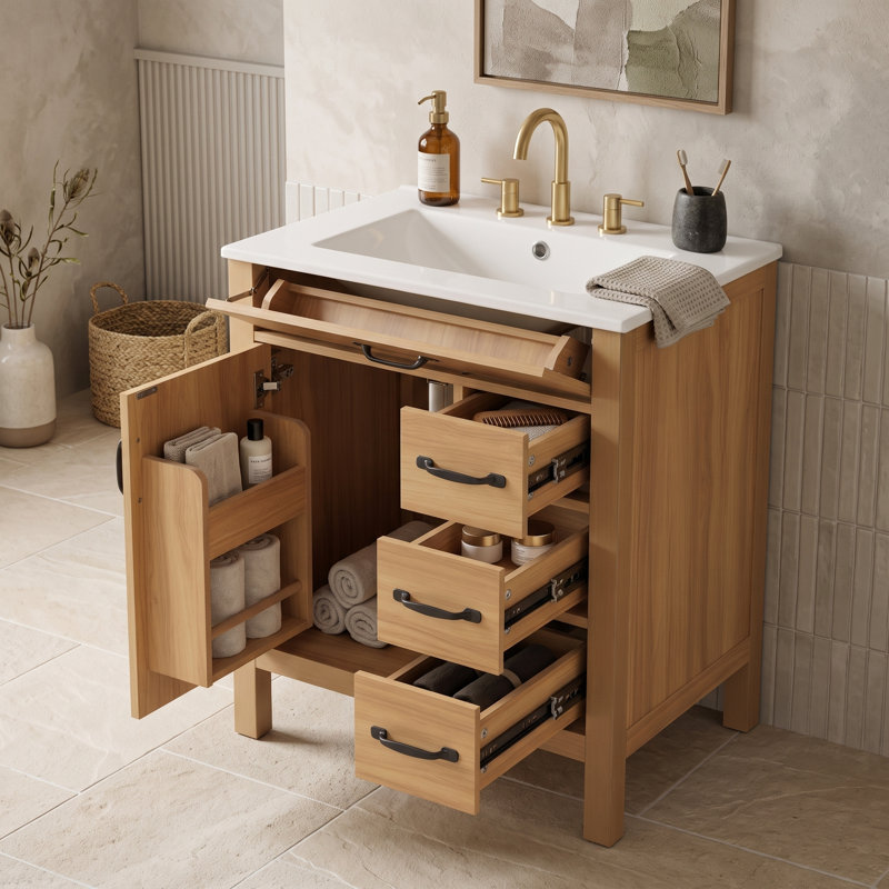 Meuble-lavabo traditionnel traditionnel avec lavabo en céramique, tiroir rabattable, charnières à fermeture en douceur et pieds en bois massif