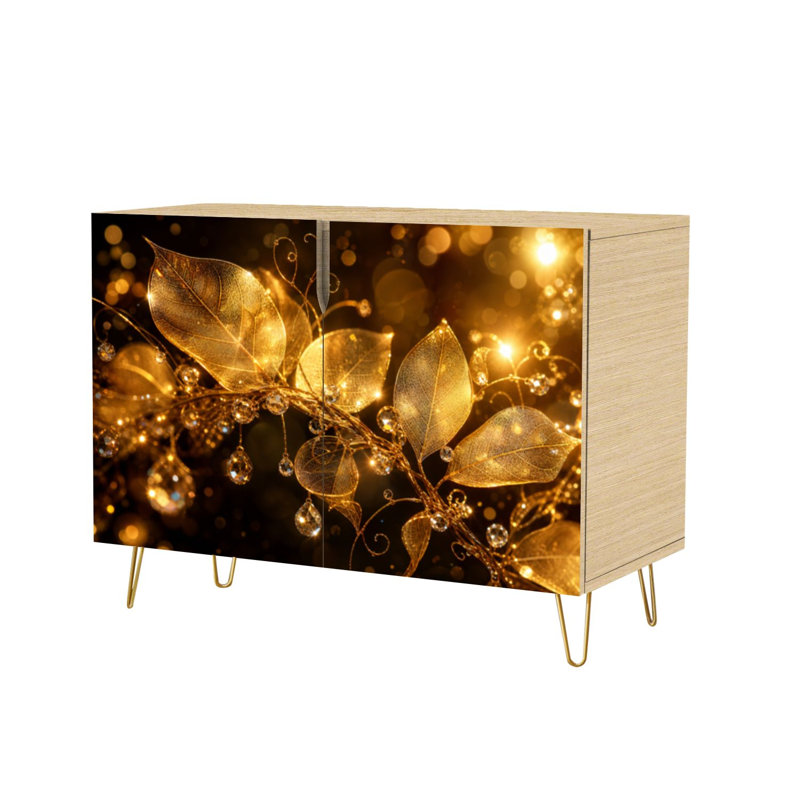 Buffet Buffet avec rangement Élégant motif floral abstrait doré à feuilles brillantes avec 2 portes pour le salon et la cuisine