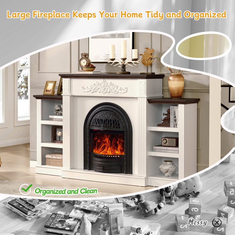 78" Electric Fireplace with Mantel, Fireplace TV Stand for TVs Up to 90", White/Brown