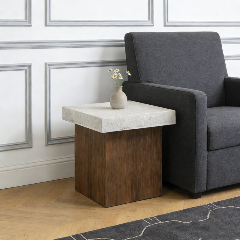 Side Table, Antique White,Natural-round