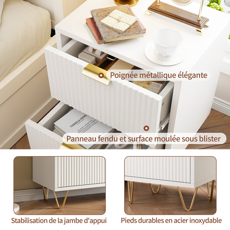 Bedside Table Set Of 2, White Wooden Nightstand With 2 Storage Drawers, Small End Tables With Gold Metal Legs, 2 Drawer Bedside Chest Sturdy Modern Cabinet For Bedroom Living Room