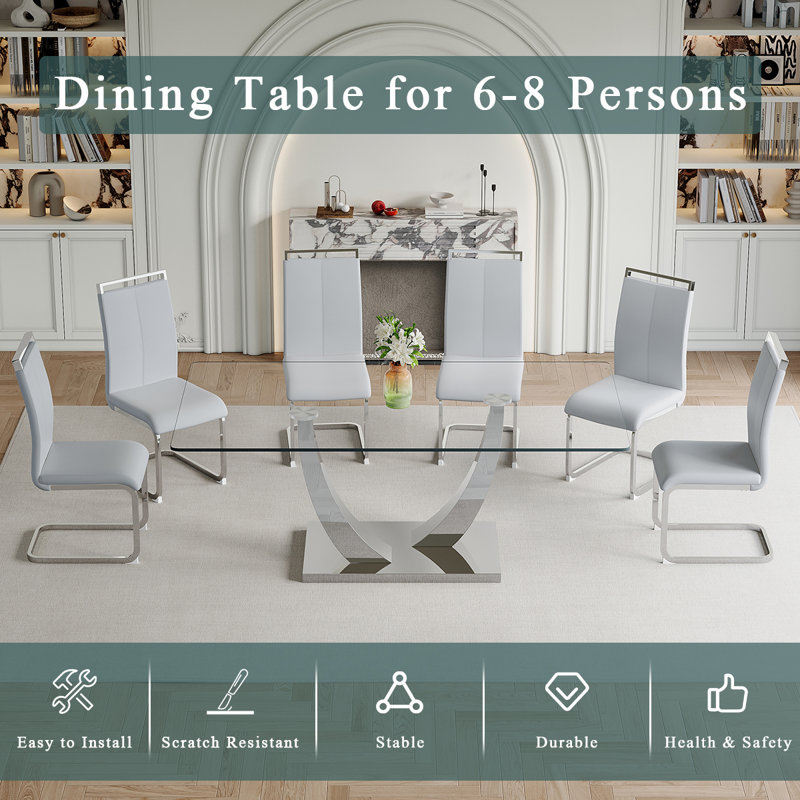 Ensemble de table de salle à manger en verre, Gris clair, 7
