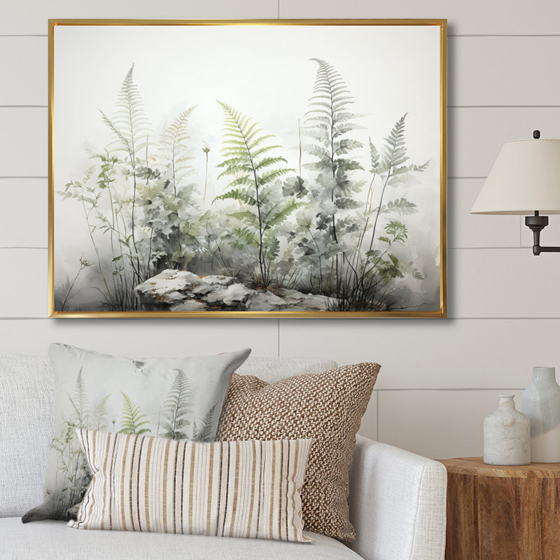 Ferns Silver Whispers I - fougères, art mural encadré, Cadre flottant doré, H 12 po x l 20 po x P 1 po