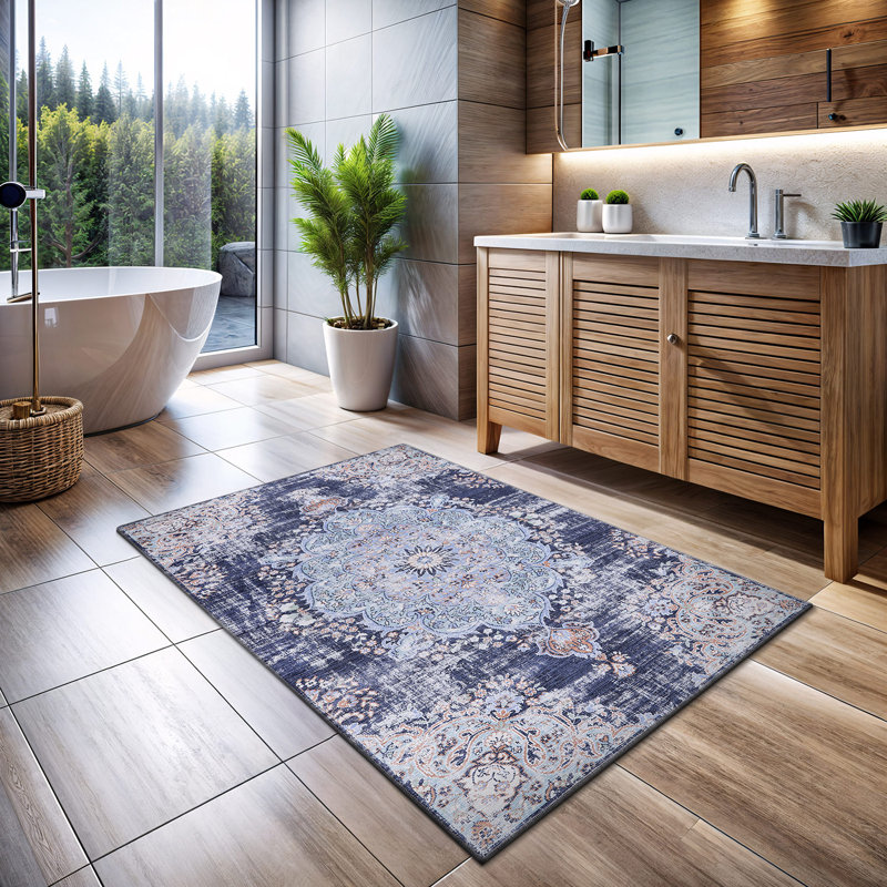 Tapis oriental bleu lavable à la machine Koressa, Rectangle 2 pi 2 po x 3 pi