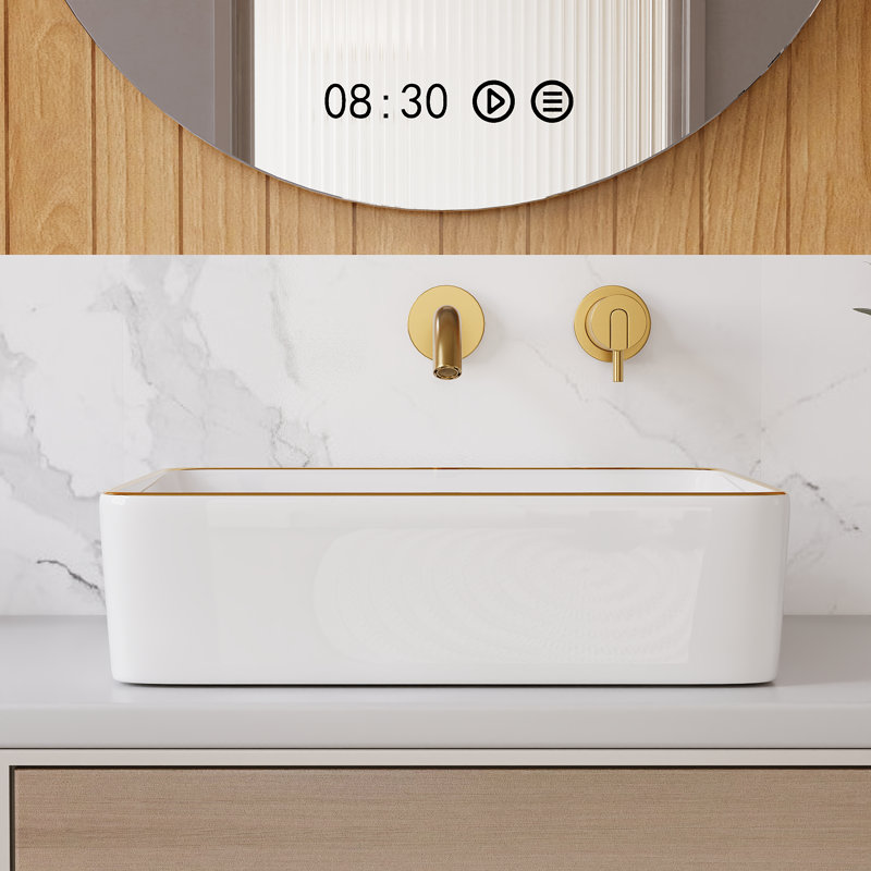 DeerValley Ally 19" x 15" Vitreous China Rectangular Bathroom Sink Vessel Sink, White/Gold