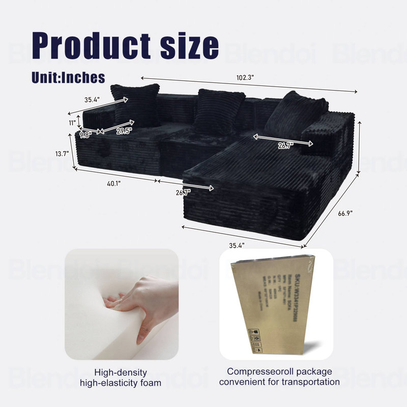 Canapé modulaire convertible, Orienté à droite, Tissu noir