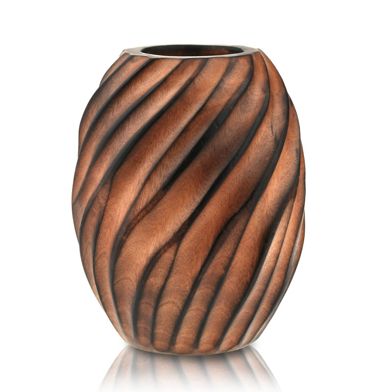 Vase à fleurs en bois de manguier à spirale sculpté à la main