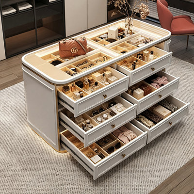 Coiffeuse de luxe française 70,87 po en bois massif multicouche avec plateau en verre trempé, bande lumineuse DEL tactile, tiroirs de rangement grande capacité et compartimentés, garnitures en acier inoxydable doré, coiffeuse et commode pour chambre à coucher