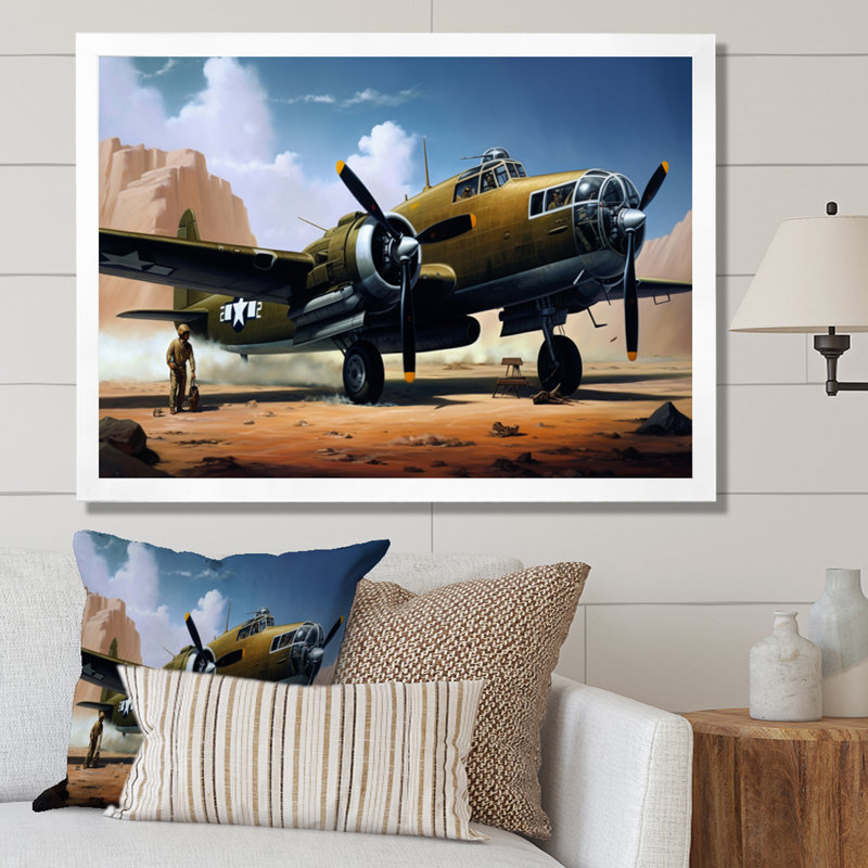Avion rétro dans le désert II - reproduction sur toile, H 24 po x l 32 po x P 1 po, Cadre photo blanc