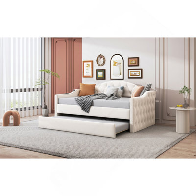Twin Size Tufted Upholstered Daybed With Trundle ,Velvet Sofabed With USB&Type-C Charging Ports,No Box-Spring Needed