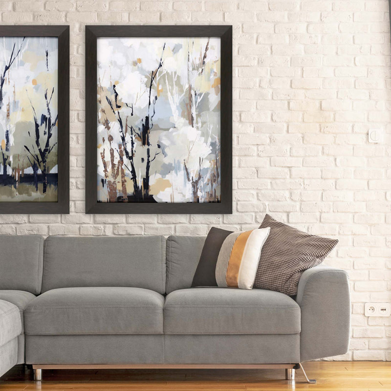 Abstract Birch Tree Landscape Print with Dark Wood Frame
