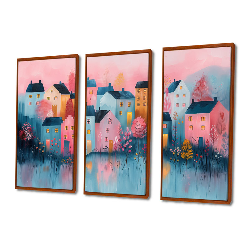 Scandinavian Nordic Style Homes In The City III - ensemble d'impression d'art mural scandinave, Brown Floater Framed Canvas