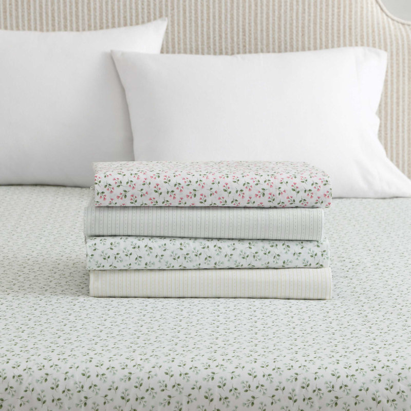 Martha Stewart Cotton Percale  Sheet Set, Twin Sheet Set with 1 Pillowcase, Kennedy Floral Green