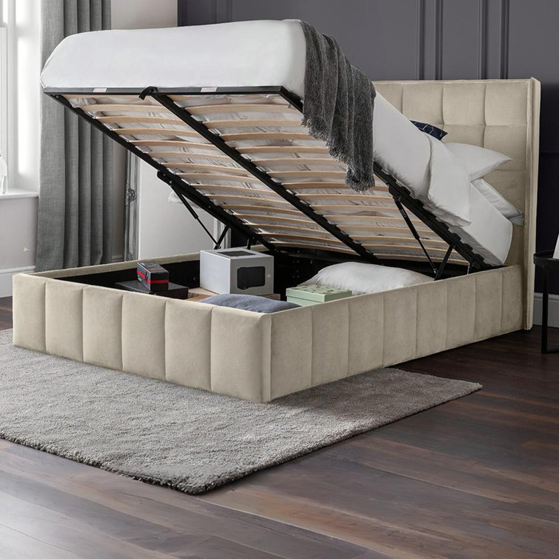 Bormann Upholstered Double (4'6) Velvet Lift Up Storage Bed, Kingsize (5'), Cream