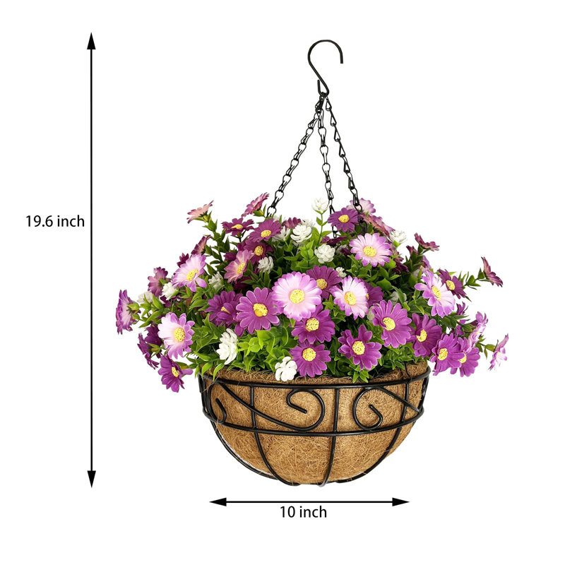 Fleurs artificielles suspendues dans un panier, Mauve