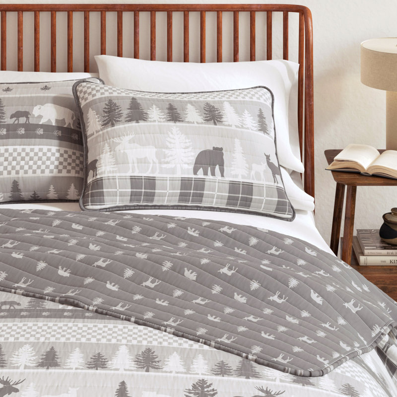 Ensemble de courtepointe réversible en microfibre Lodge Woodland and Patchwork, Paysage rustique gris