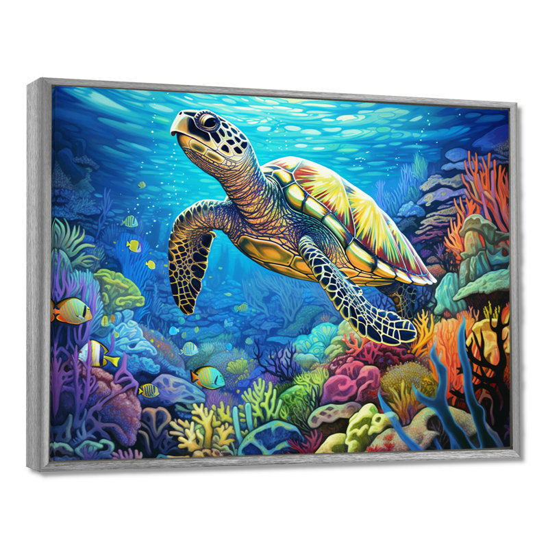 «Blue Sea Turtle World» - art mural corail sous l'eau, H 24 po x l 32 po x P 1 po, Encadrement argenté