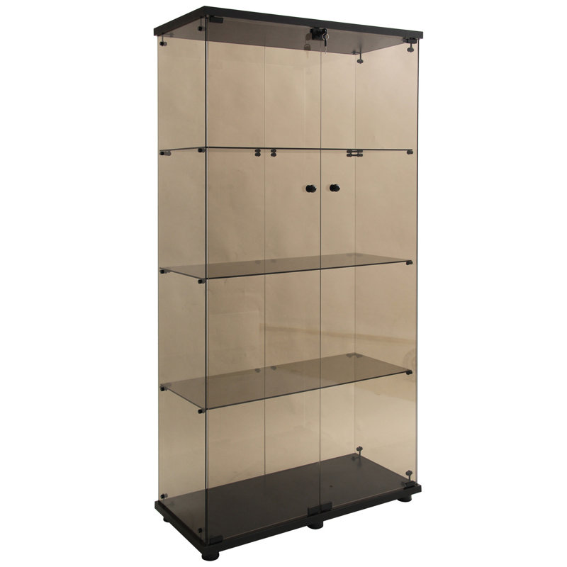 Brown 4-shelf Two Door Glass Display Case, Lighting, 12 Color Choices Remote, 5mm Tempered Glass, Solid Wood, 66.15”h X 31”l 14.47”w Case With Doors, Lights, Selection By & Wood Cover,