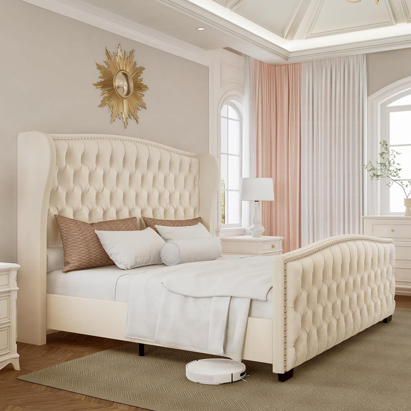 Platform Bed Frame With Wingback Headboard, King, Cream