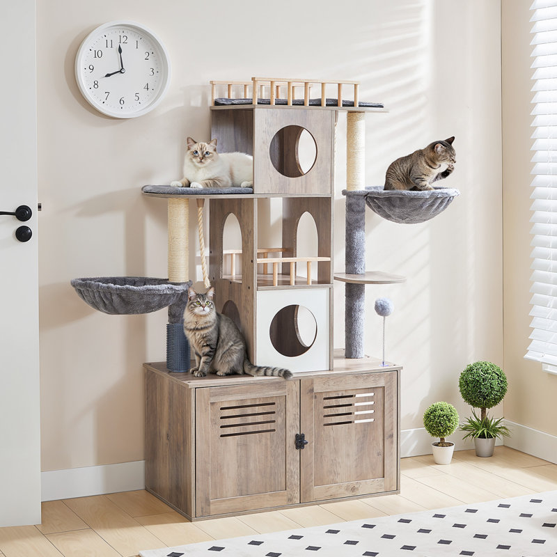 Arbre à chat avec bac à litière, tour à chat avec litière cachée, meubles pour chats d'intérieur