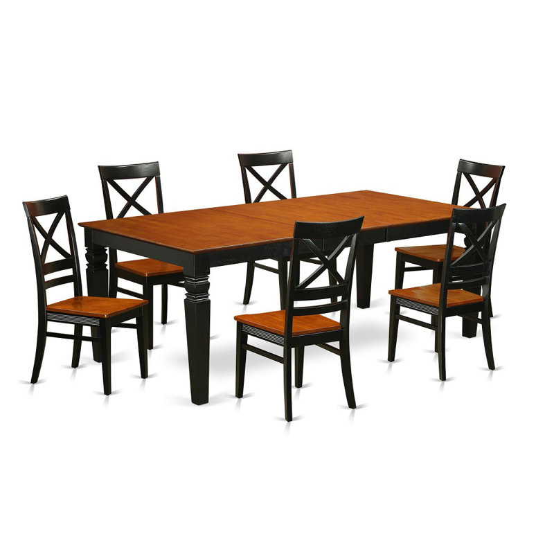 Ensemble de table de salle à manger 7 pièces composé d'une table de cuisine rectangulaire avec rallonge papillon et 6 chaises, noir et cerise