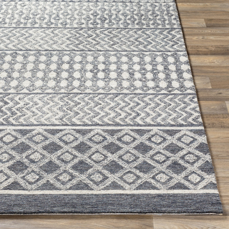 Tapis ivoire / gris anthracite en laine touffeté à la main Abdera, Rectangle 10 pi x 14 pi