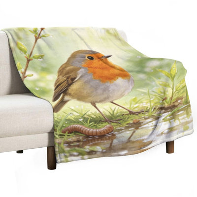 Robin Bird Standing Luxury Flannel Throw Blanket, Soft Warm Fuzzy Blanket for Living Room Sofa Bed Home Decor