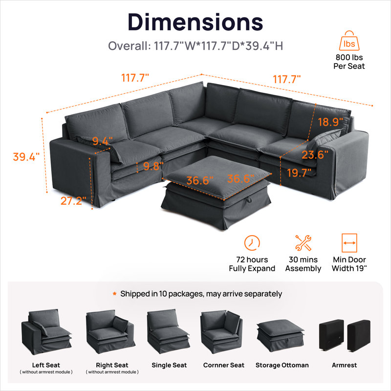 L-shaped Pet-Friendly Fabric Oversized Enveloping Feel Double-decker Sofa With A Storage Ottoman, Gray Polyester