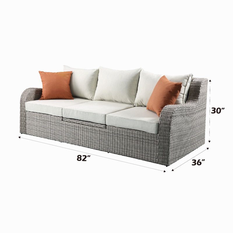 Canapé d'extérieur Salena en tissu beige et osier gris avec 2 coussins et 2 repose-pieds