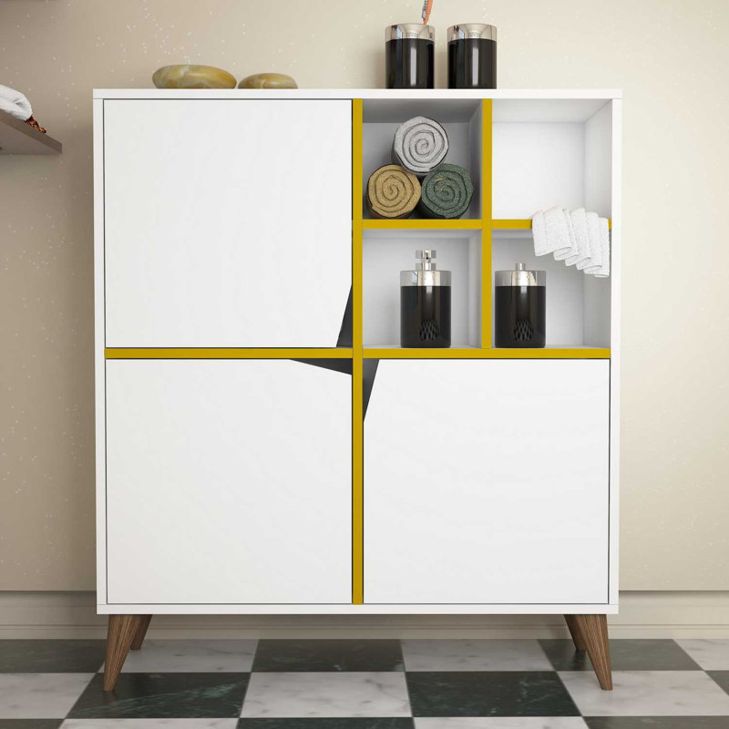 Modern Multi-Purpose Cabinet, White & Yellow, 39.4 x 45.3 x 11.8 inches | 100% Melamine Coated Particle Board, Thickness: 0.7 inches | Features Numerous Shelves & Wall-Mountable Design, Stylish & Functional Storage Solution