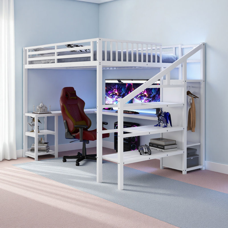 Metal Queen Loft Bed With Wardrobe And LED Light, Queen Size Loft Bed With L Shaped Desk And USB For Kids Teens Adults