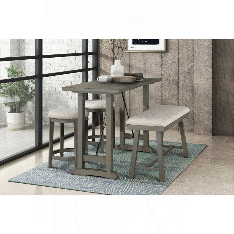 Ensemble de salle à manger à hauteur de comptoir 4 pièces, table à hauteur de comptoir gris clair avec banc 2 tabourets Sièges rembourrés en mousse