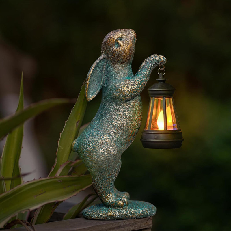 Statues de jardin Lapin avec lanterne solaire Figurines décoratives pour la cour