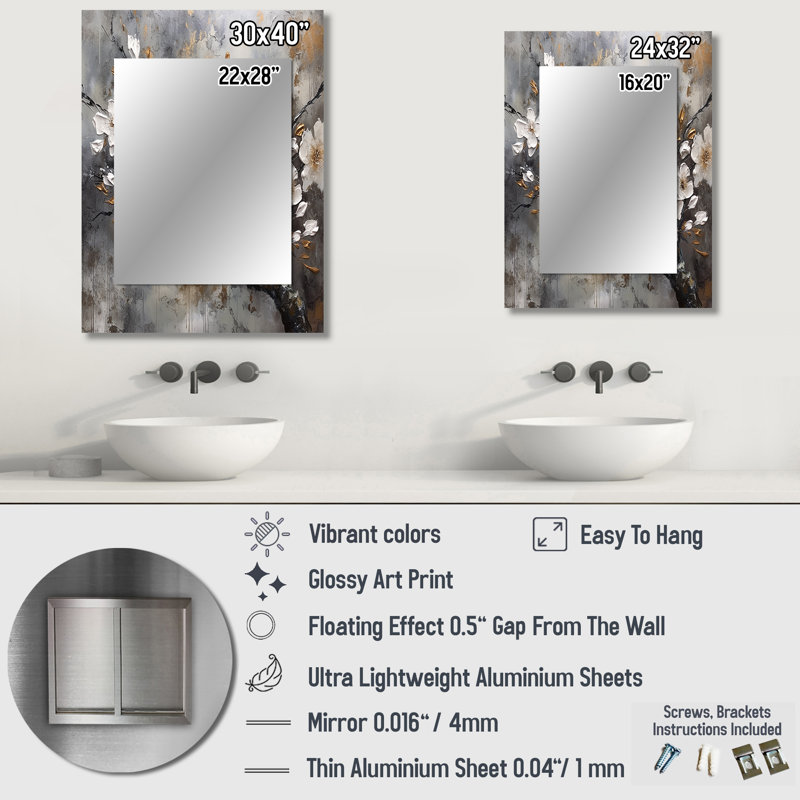 White Grey Cherry Blossum Harmony I - Floral Decorative Wall Mirror, Traditional Mirror, Printed Metal Art, 40" x 30"